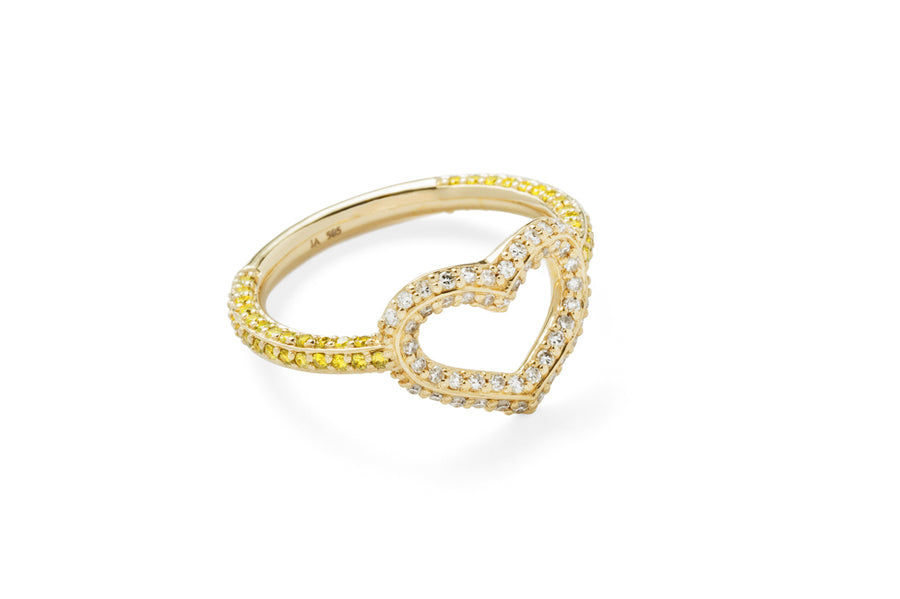 Single Heart Ring with Full Pave Yellow Diamonds